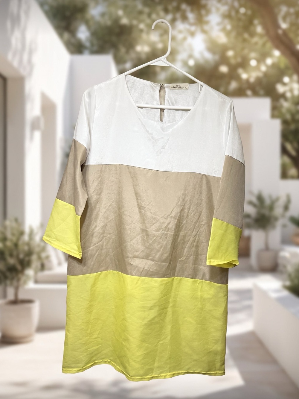 Colorblock Three-Quarter Sleeve Shift Dress - White, Beige & Yellow